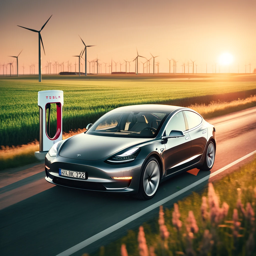 DALL·E 2025-02-13 19.40.09 - A scenic view of a Tesla Model 3 driving on a Danish country road during sunset, with wind turbines in the background symbolizing sustainability. The